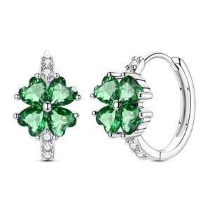 Emerald Green Clover Hoops Sterling Silver Earrings